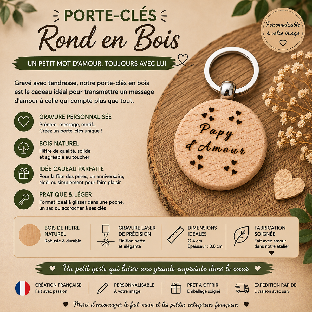 Porte-clés rond en bois – “d’Amour”