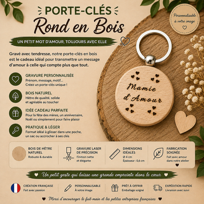 Porte-clés rond en bois – “d’Amour”