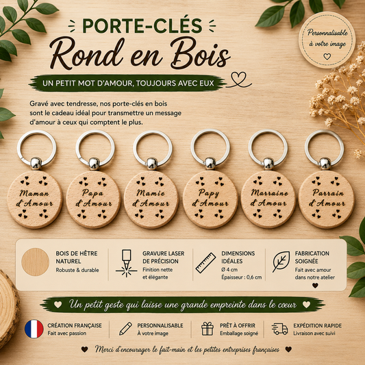 Porte-clés rond en bois – “d’Amour”