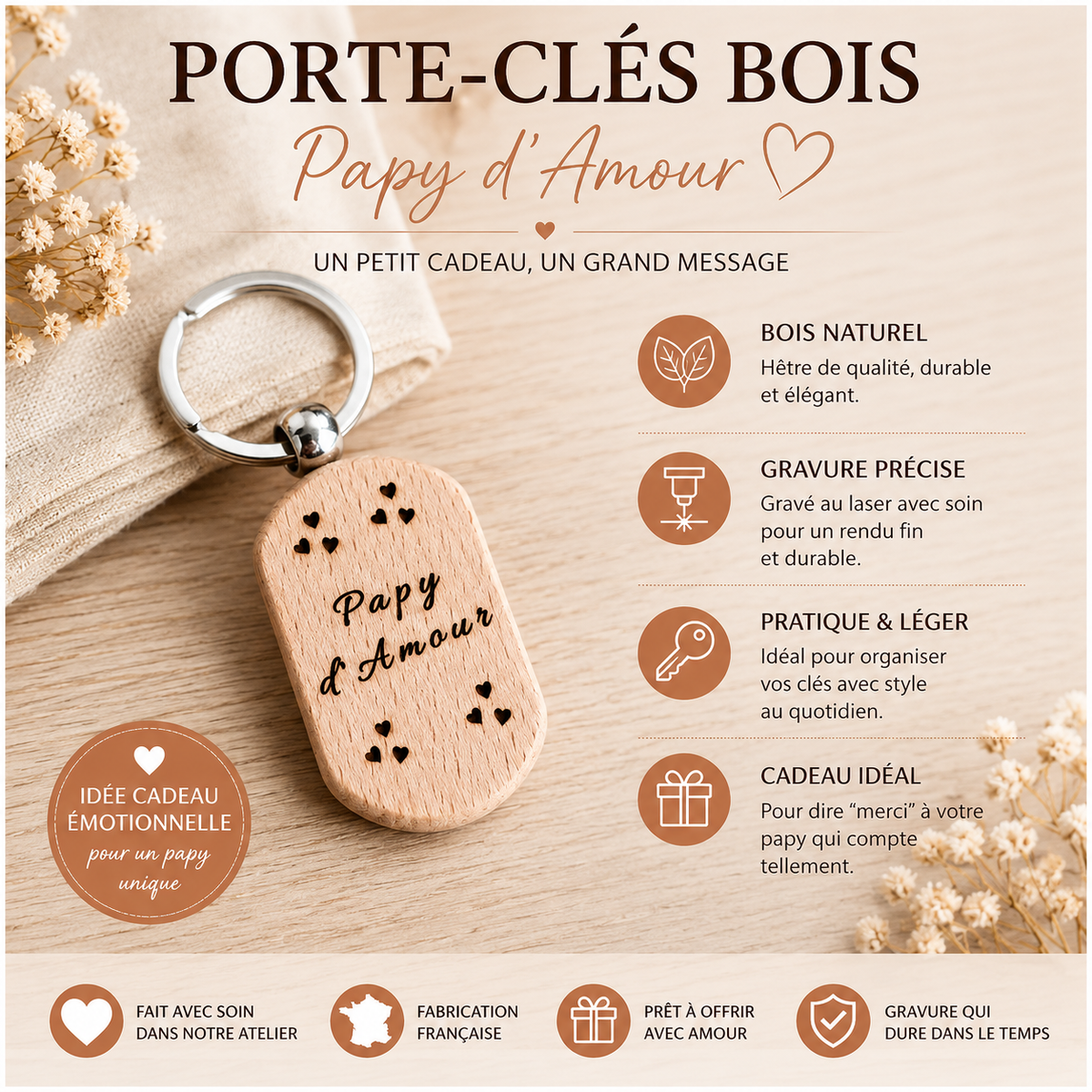 Porte-clés en bois "d’Amour" – Cadeau personnalisé et plein de tendresse