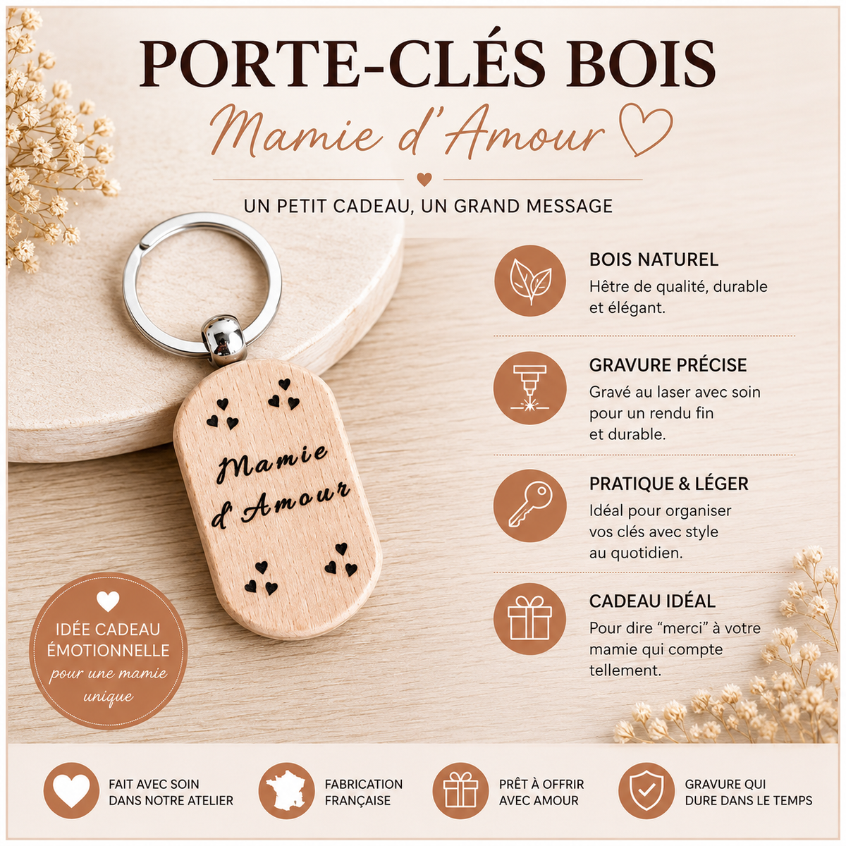 Porte-clés en bois "d’Amour" – Cadeau personnalisé et plein de tendresse
