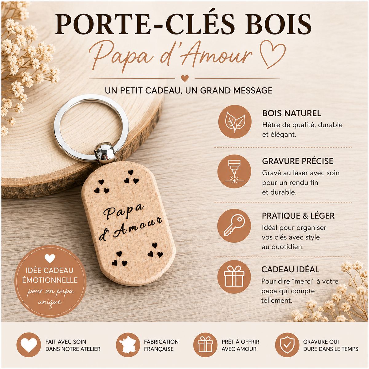 Porte-clés en bois "d’Amour" – Cadeau personnalisé et plein de tendresse