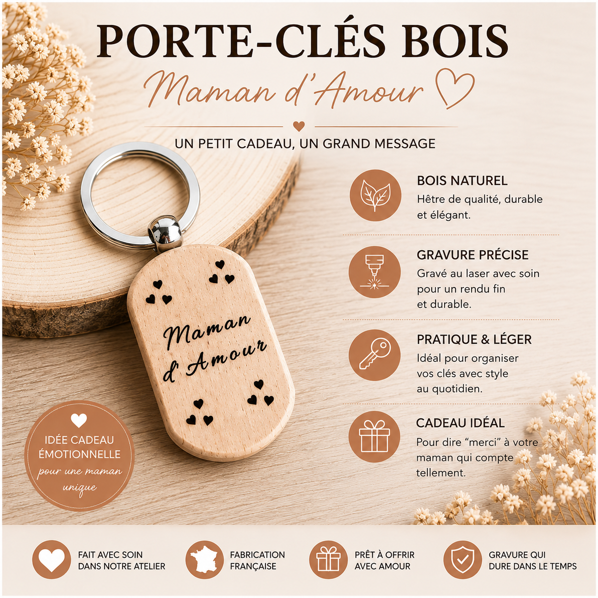 Porte-clés en bois "d’Amour" – Cadeau personnalisé et plein de tendresse