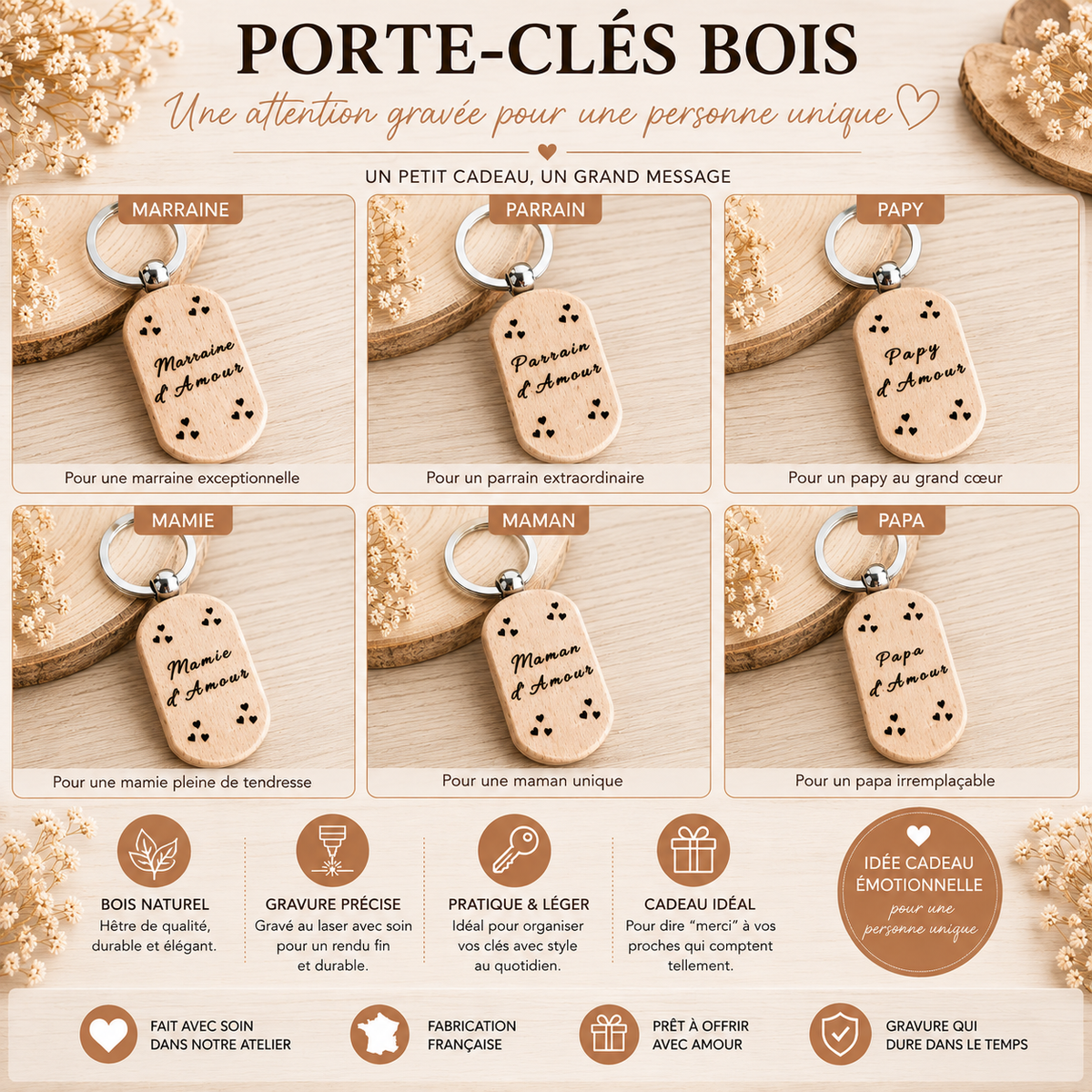 Porte-clés en bois "d’Amour" – Cadeau personnalisé et plein de tendresse