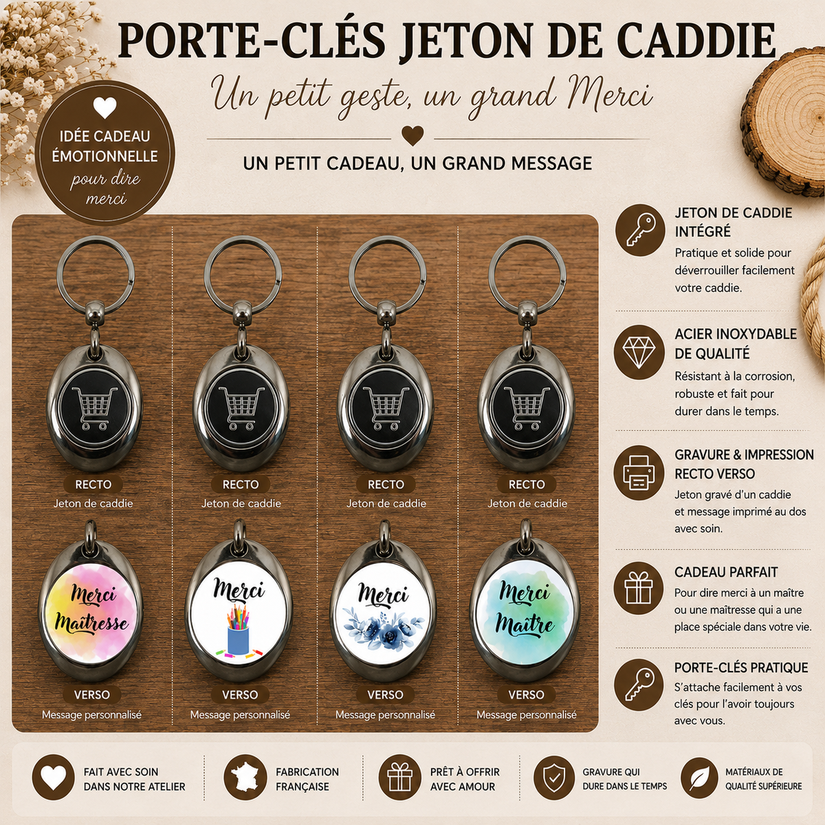 Porte clé jeton de caddie Maitre et Maitresse