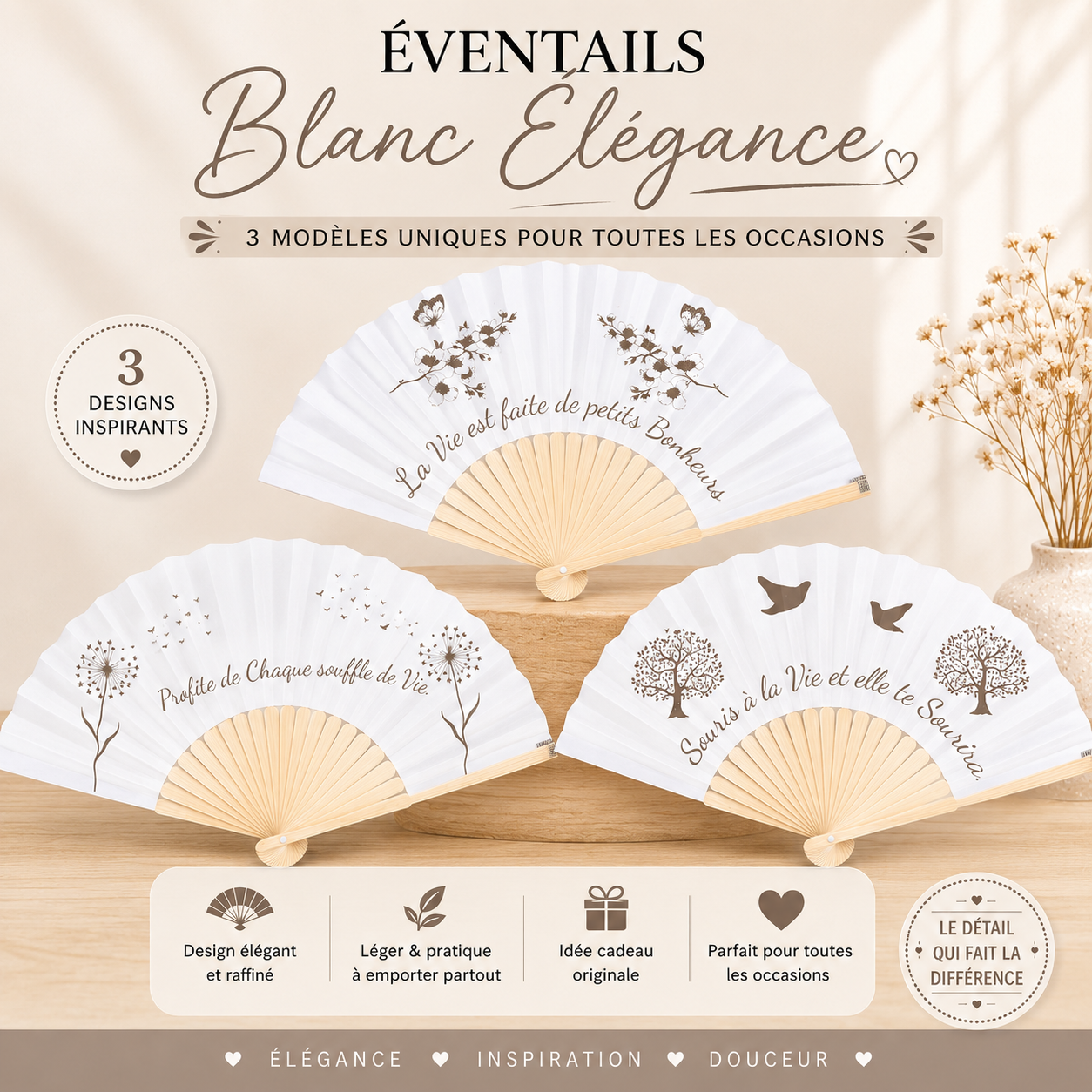 Éventail Blanc – Élégance & Raffinement