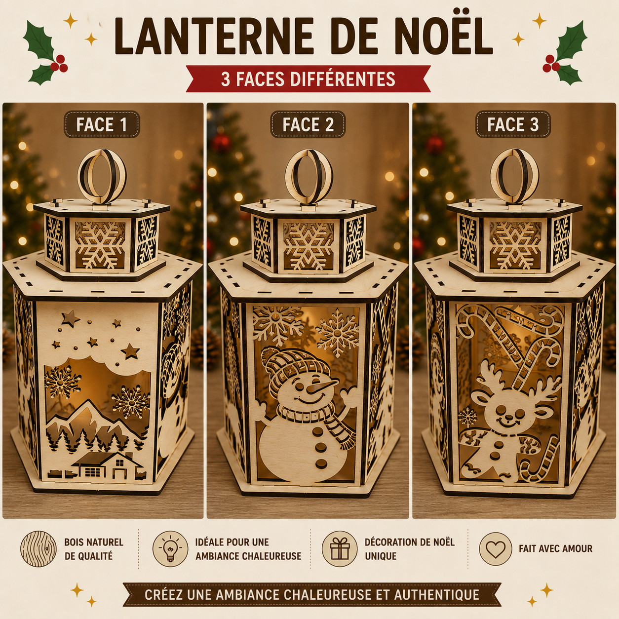 🕯️ Wooden Cutout Christmas Lantern – Unique 6-Sided Design