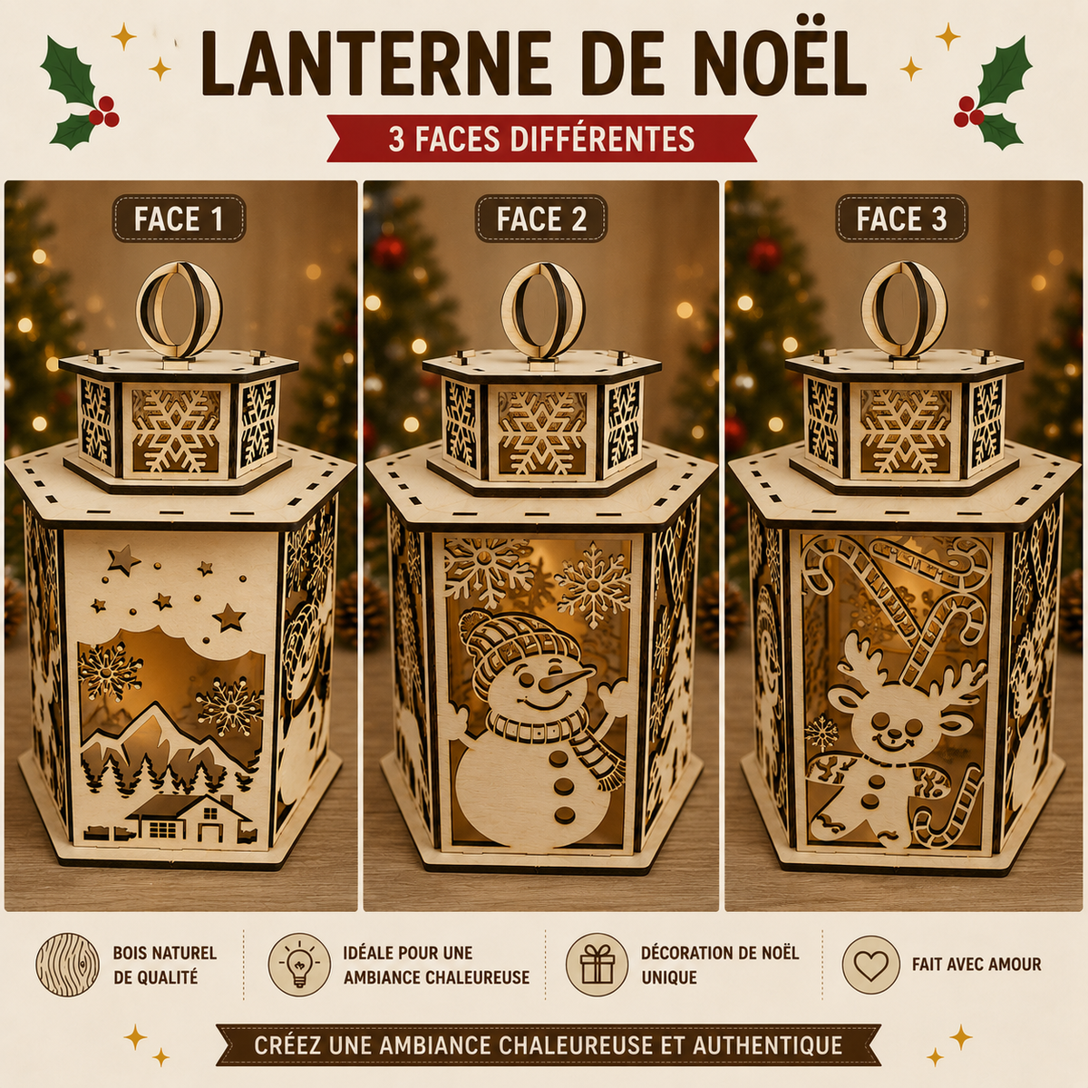 🕯️ Lanterne de Noël en Bois Découpé – Modèle Unique 6 Faces