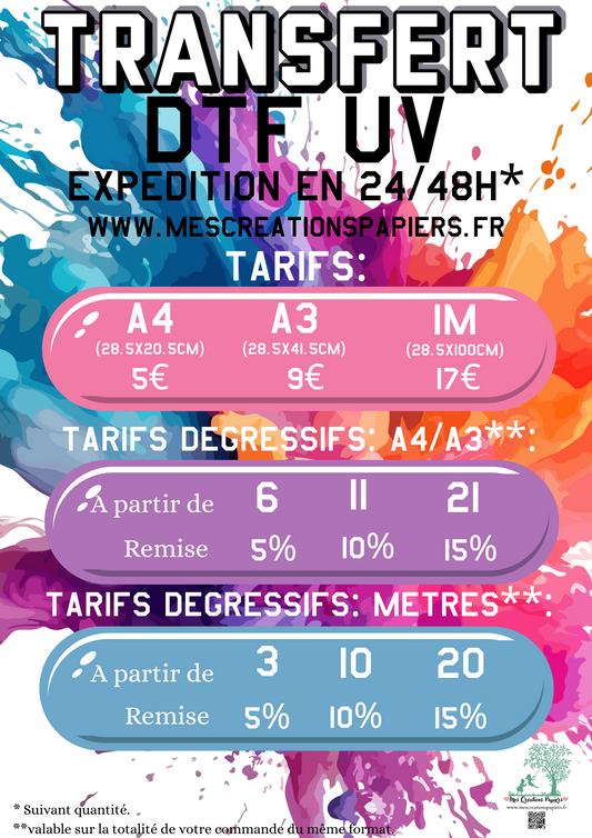 Transfert DTF UV - Impression A4, A3 ou au Mètre