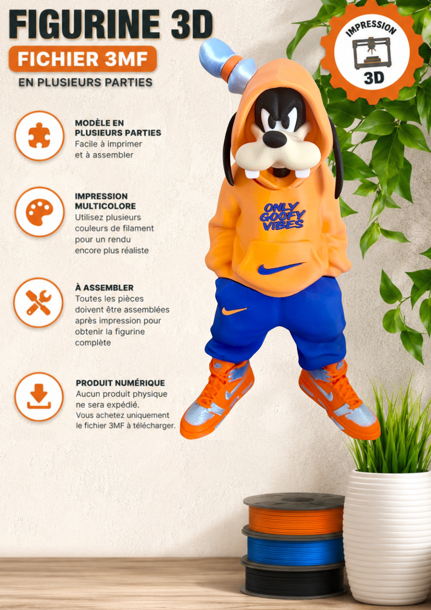 Goofy – Figurine 3D Streetwear – Fichier 3MF en plusieurs parties
