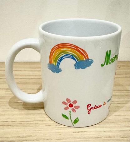 Mug Cadeau Personnalisé – “Merci” avec Motifs Floraux ou Enfantins 🌸🌈