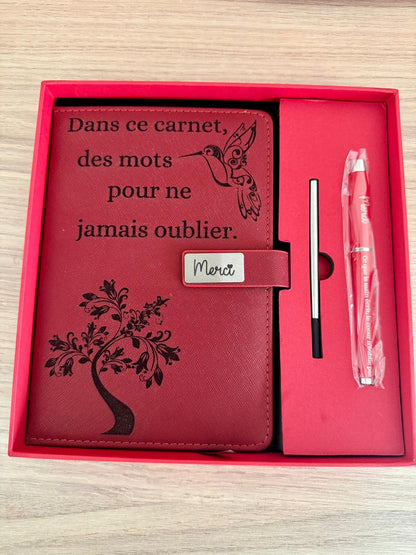 ✨ Coffret Cadeau "Merci" – Carnet & Stylo Gravés avec Boîte Message
