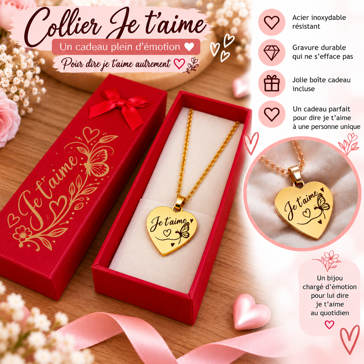 Collier cœur Je t’aime – Acier inoxydable avec boîte cadeau
