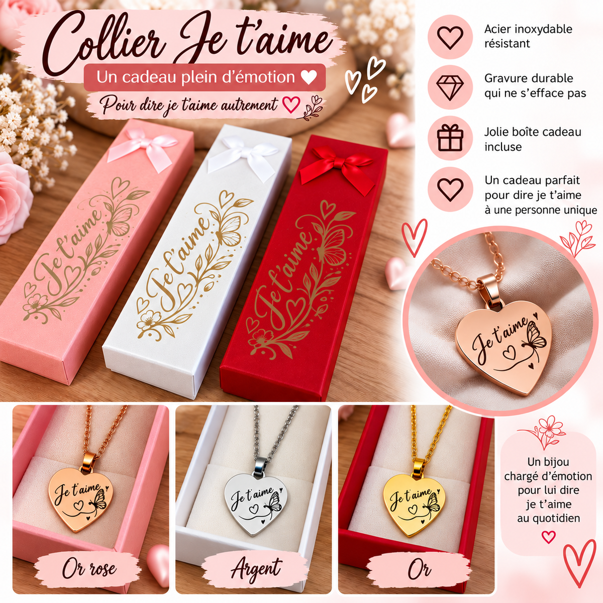 Collier cœur Je t’aime – Acier inoxydable avec boîte cadeau