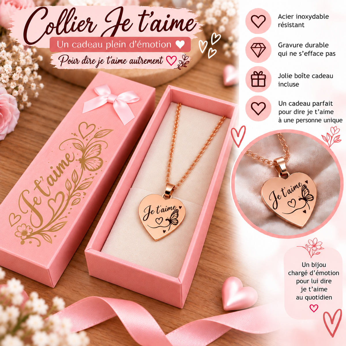 Collier cœur Je t’aime – Acier inoxydable avec boîte cadeau