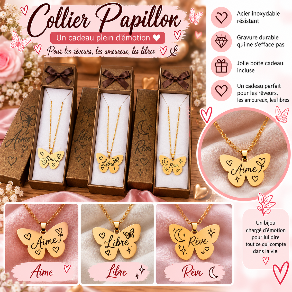 Collier Papillon – Aime, Libre ou Rêve – Acier inoxydable