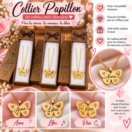 Collier Papillon – Aime, Libre ou Rêve – Acier inoxydable
