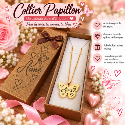 Collier Papillon – Aime, Libre ou Rêve – Acier inoxydable