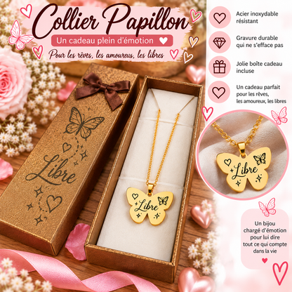 Collier Papillon – Aime, Libre ou Rêve – Acier inoxydable