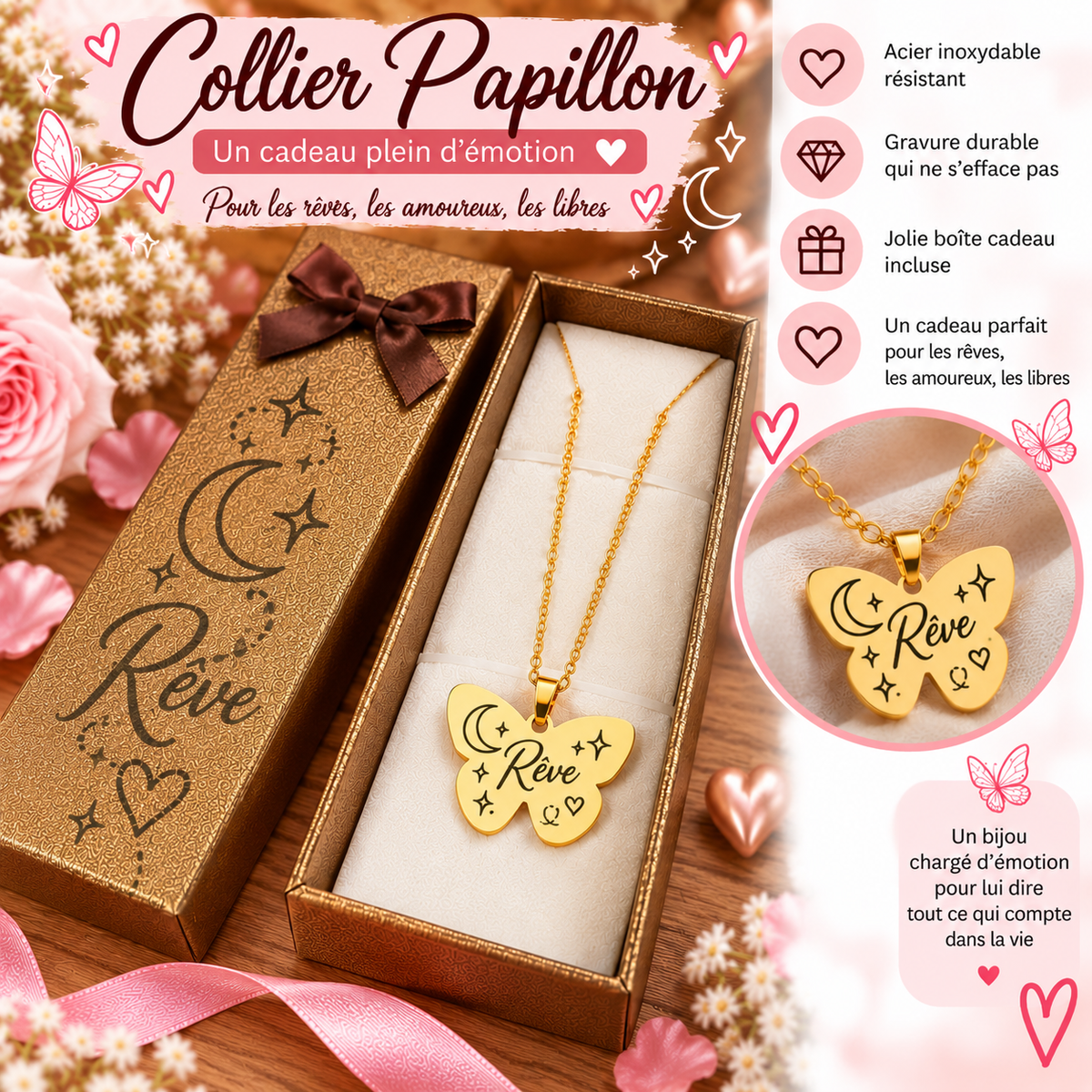 Collier Papillon – Aime, Libre ou Rêve – Acier inoxydable