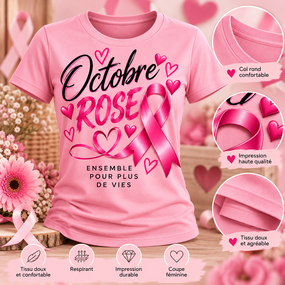 T-shirt Octobre Rose – Ensemble pour plus de vies