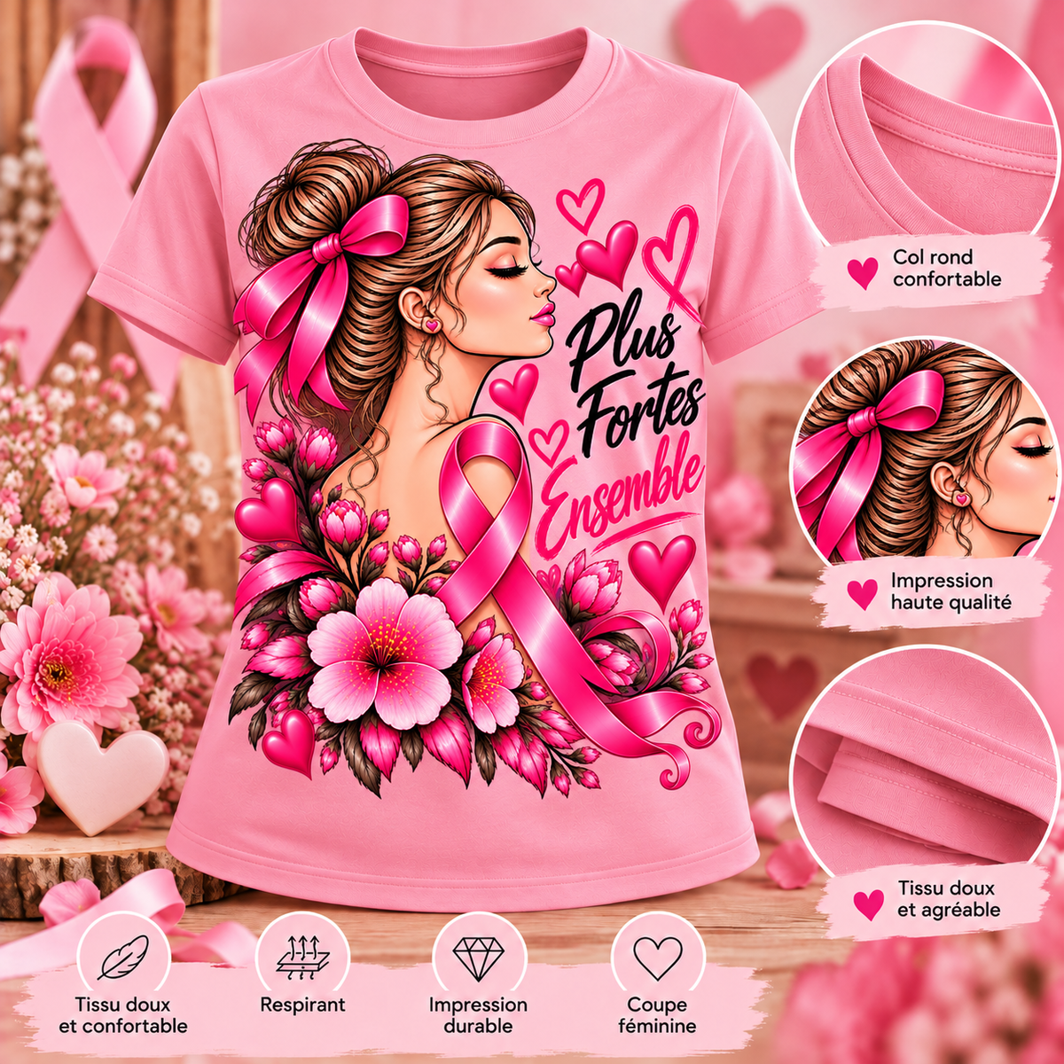 T-shirt Octobre Rose – Plus fortes ensemble