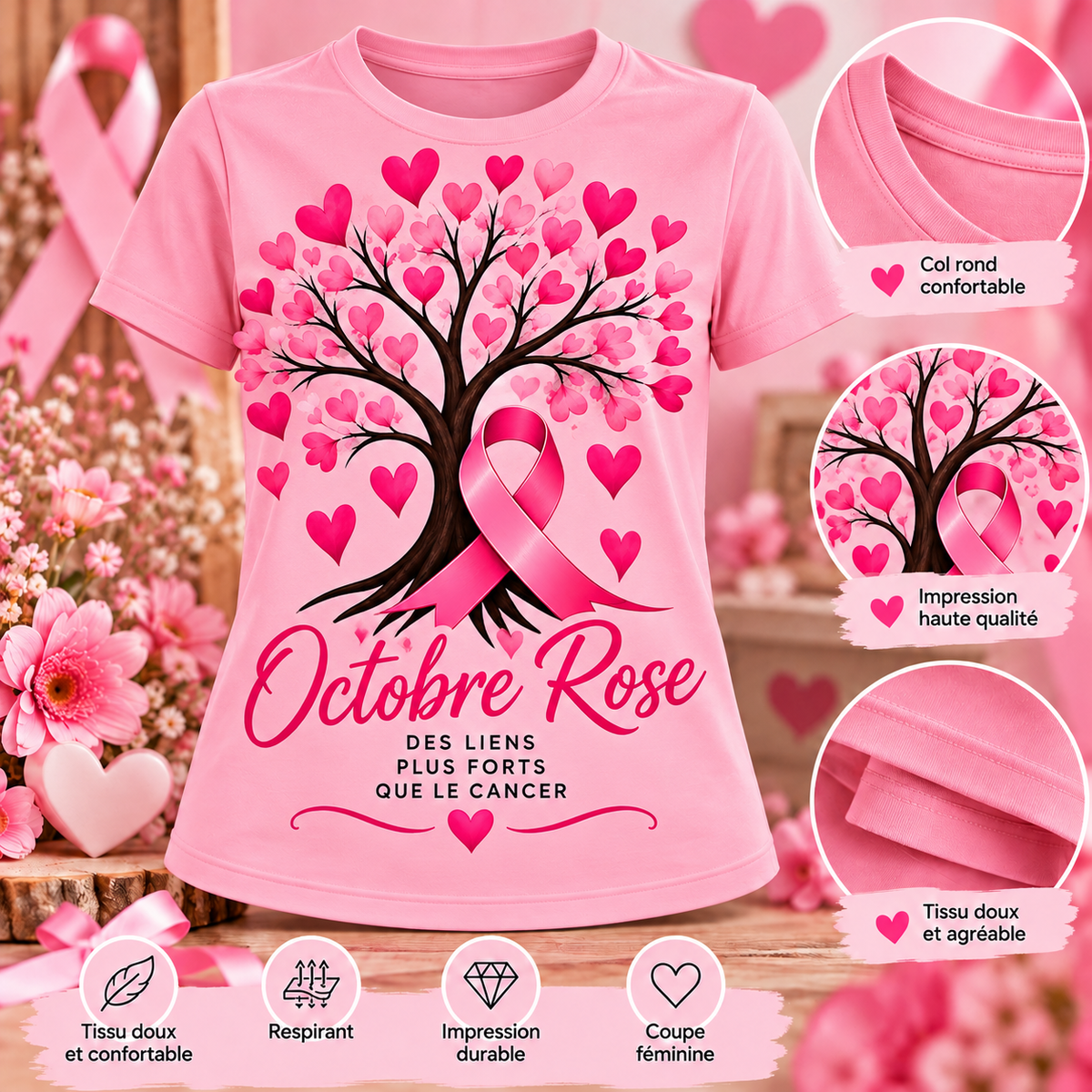 T-shirt Octobre Rose – Papillon – Prévenir, soutenir, espérer