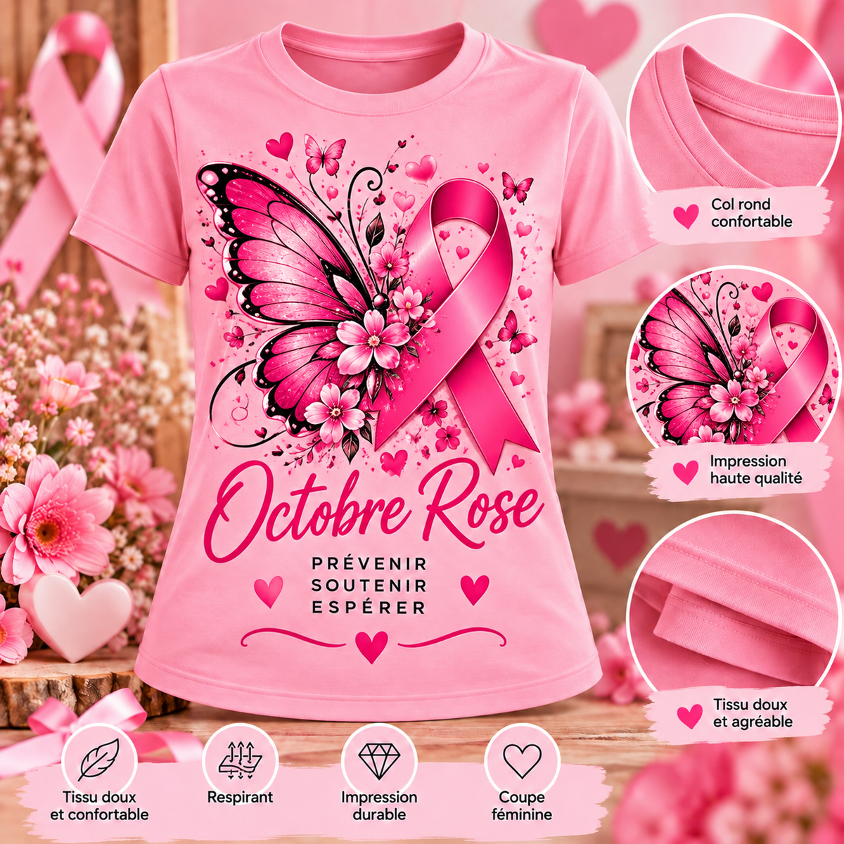 T-shirt Octobre Rose – Papillon – Prévenir, soutenir, espérer