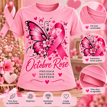 T-shirt Octobre Rose – Papillon – Prévenir, soutenir, espérer