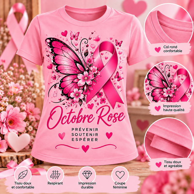 T-shirt Octobre Rose – Papillon – Prévenir, soutenir, espérer