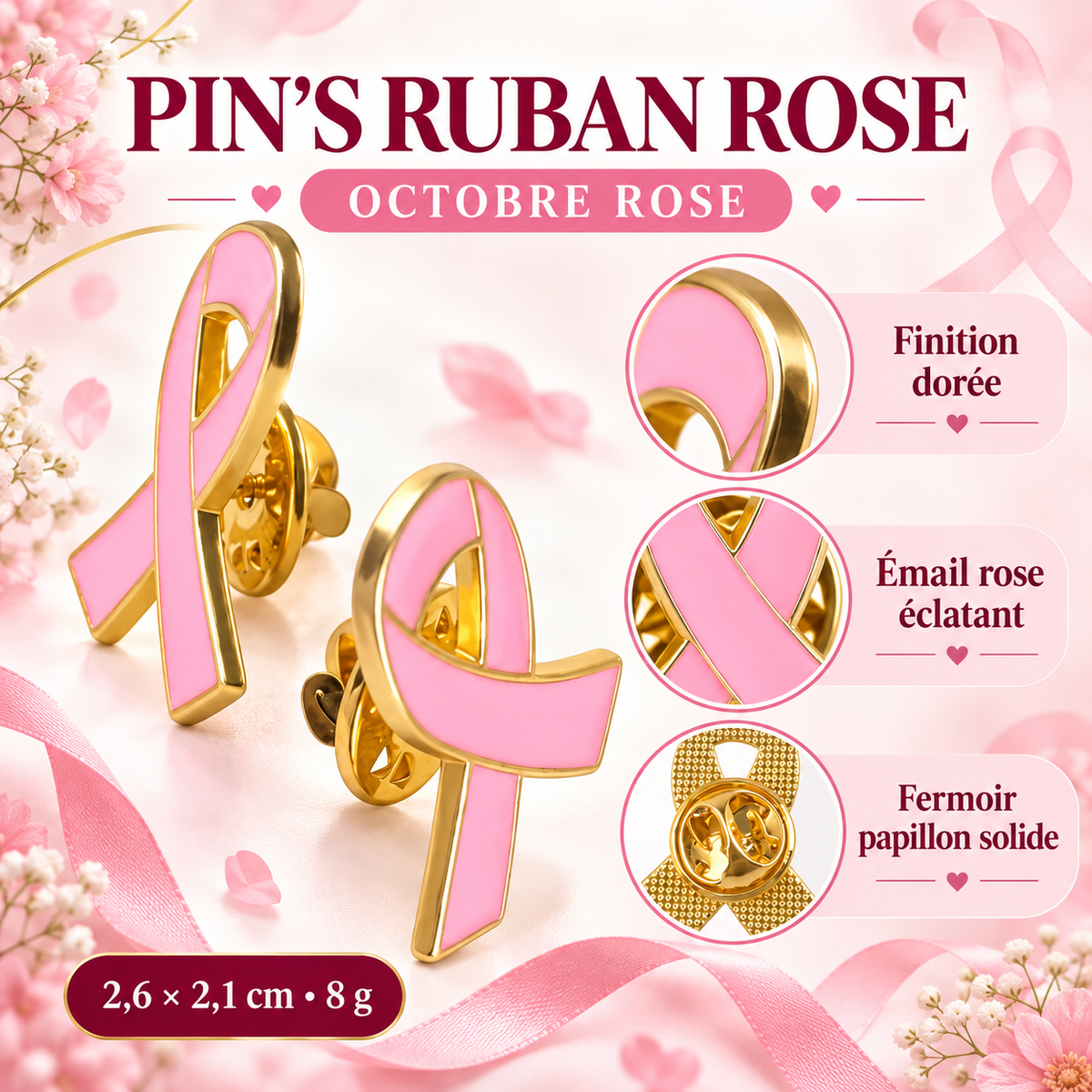 Pin’s Ruban Rose Doré – Octobre Rose 🎀