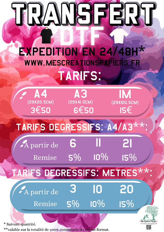 Transfert DTF - Impression A4, A3 ou au Mètre