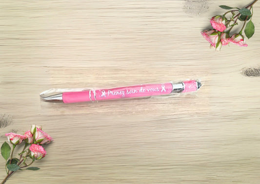 Stylo "Prenez soin de vous" – Ruban Rose gravure