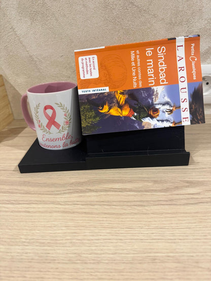 Support de lecture multifonction 3 en 1 – Porte-livre, repose-mug et rangement lunettes