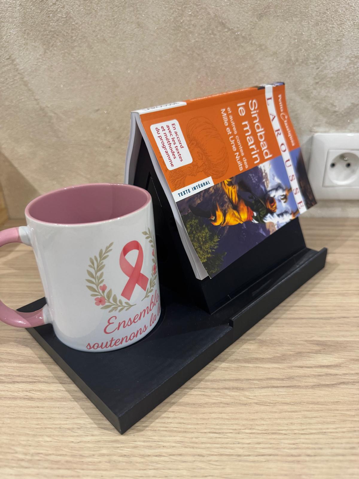 Support de lecture multifonction 3 en 1 – Porte-livre, repose-mug et rangement lunettes