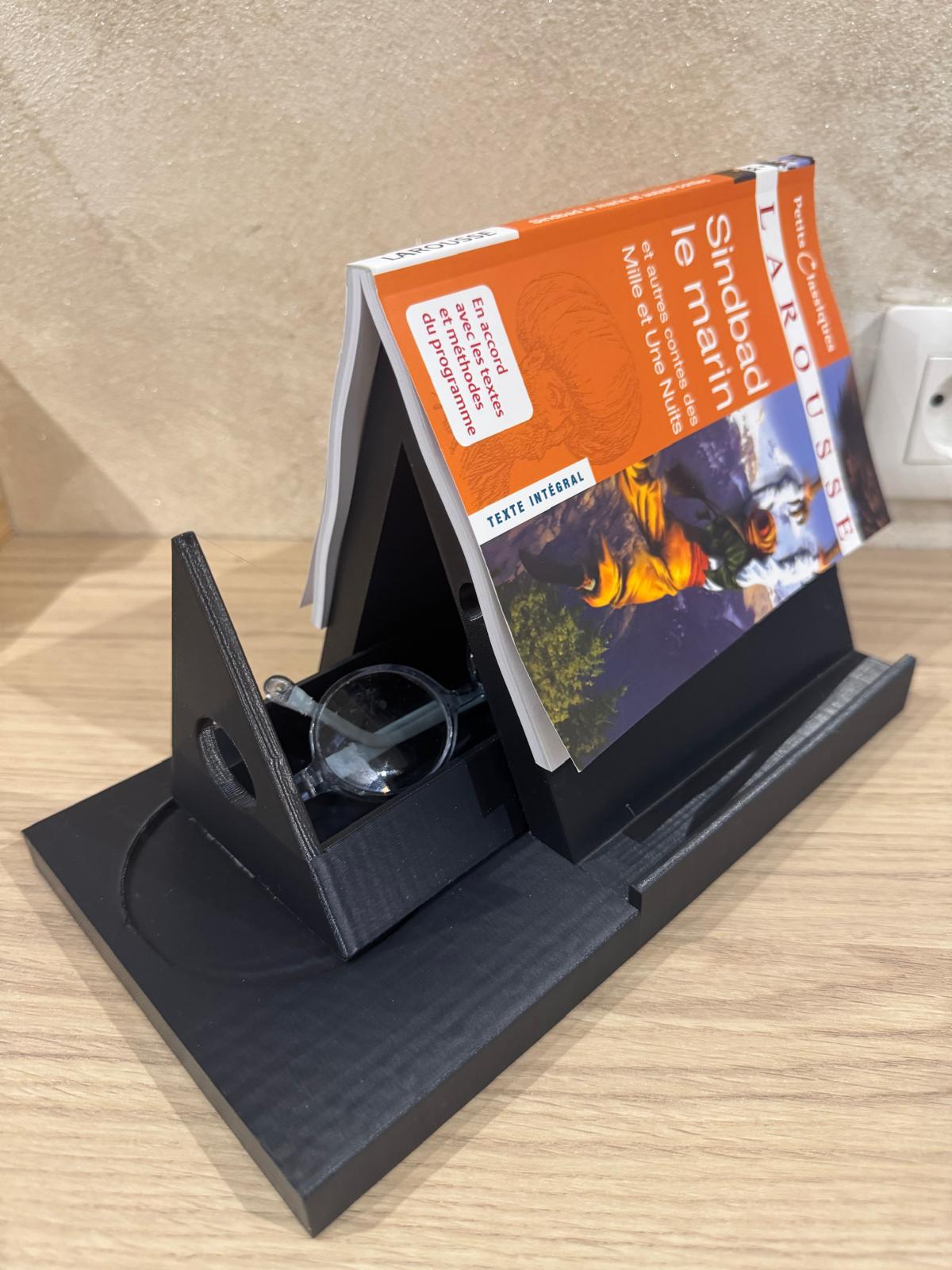 Support de lecture multifonction 3 en 1 – Porte-livre, repose-mug et rangement lunettes