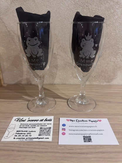 Photo originale des deux verres gravés Mr et Mme Grenouille