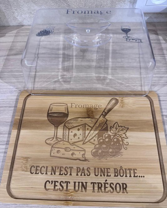 🧀 Cloche à Fromage en Bambou & Couvercle Transparent Gravé