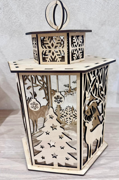 🕯️✨ Lanterne de Noël en Bois – Découpe Laser – Modèle Cerf & Sapins