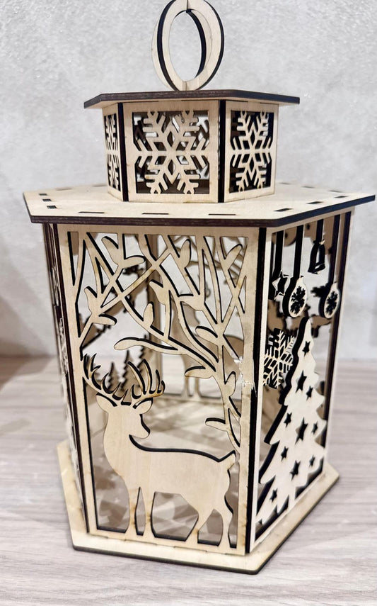 🕯️✨ Lanterne de Noël en Bois – Découpe Laser – Modèle Cerf & Sapins