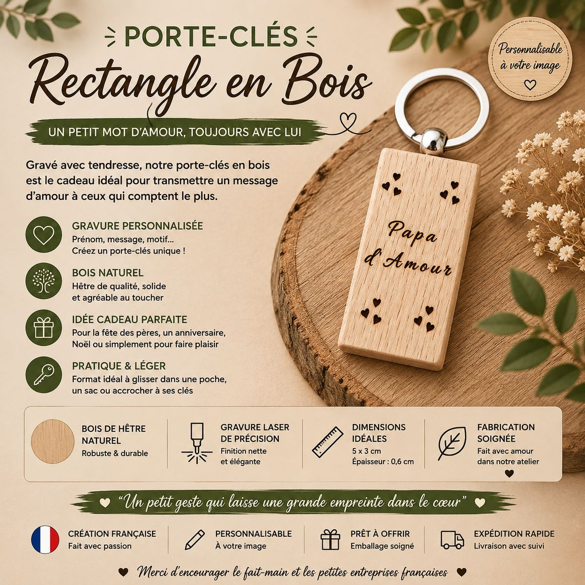 Porte-clés en bois – “d’Amour rectangle