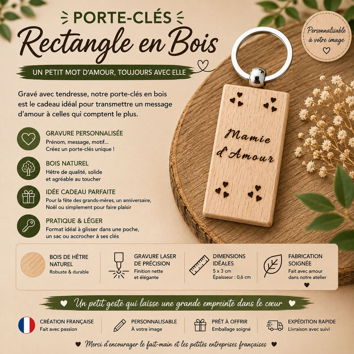 Porte-clés en bois – “d’Amour rectangle