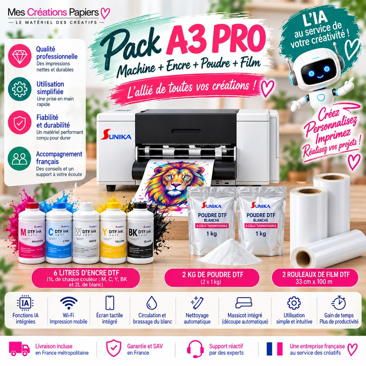 Pack  – Imprimante DTF IA Autonome A3 SUNIKA SK-A3 PRO + Encres + Film + Poudre