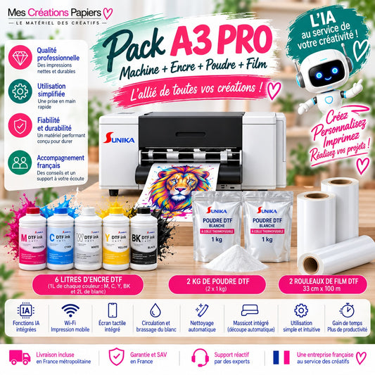Pack  – Imprimante DTF IA Autonome A3 SUNIKA SK-A3 PRO + Encres + Film + Poudre
