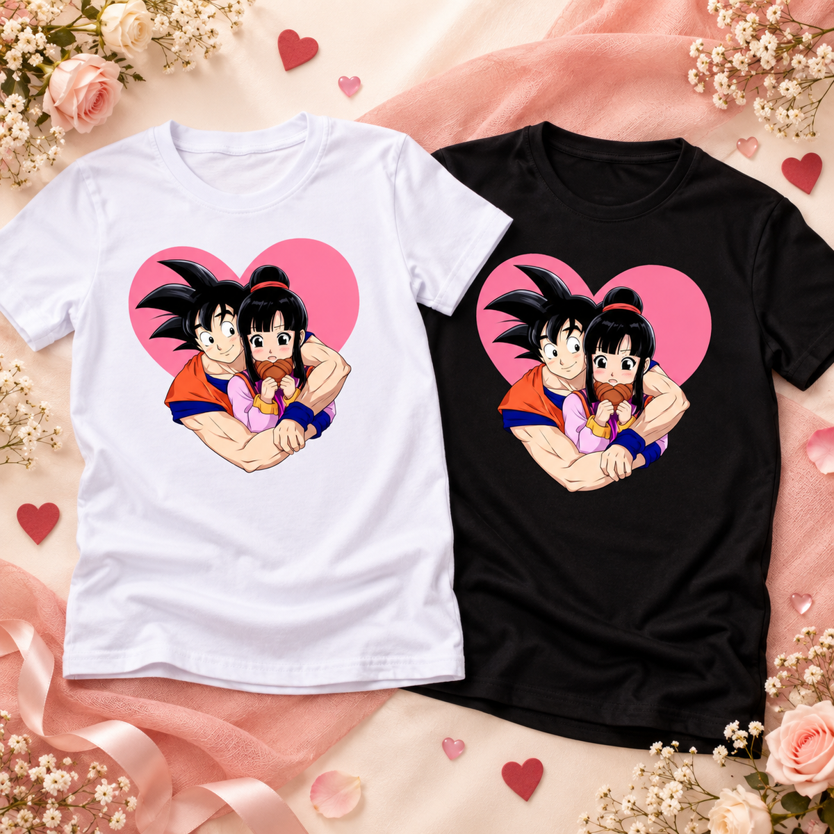 Duo de tee-shirts Version Animé Love blanc et noir