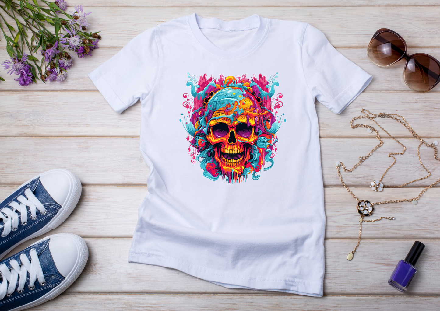 T-shirt Psychedelic Design personnalisé – 100 motifs au choix – Noir ou Blanc