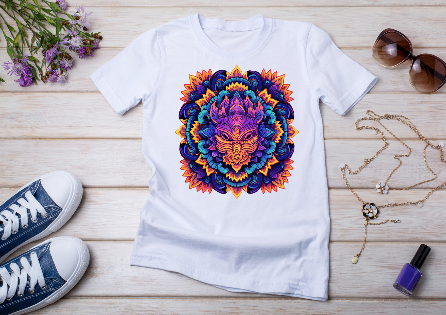 T-shirt Psychedelic Design personnalisé – 100 motifs au choix – Noir ou Blanc