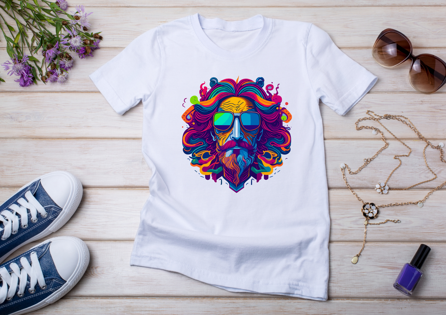 T-shirt Psychedelic Design personnalisé – 100 motifs au choix – Noir ou Blanc