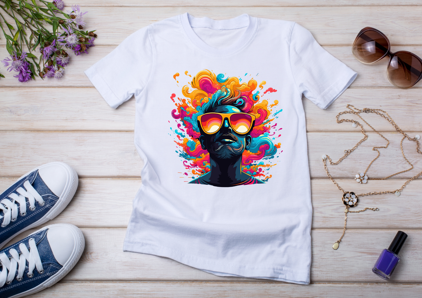 T-shirt Psychedelic Design personnalisé – 100 motifs au choix – Noir ou Blanc