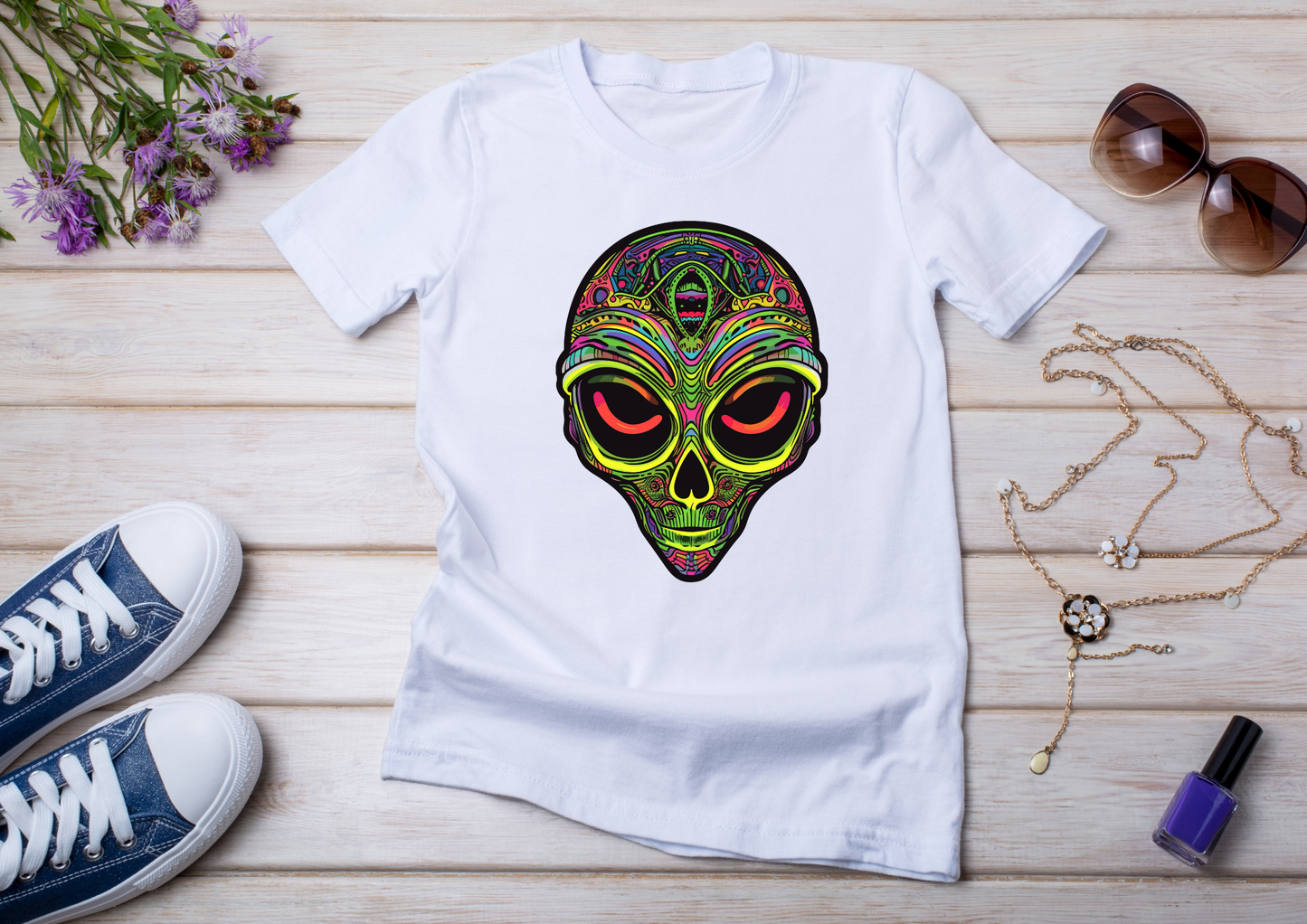 T-shirt Psychedelic Design personnalisé – 100 motifs au choix – Noir ou Blanc